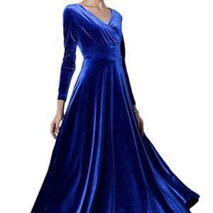 Long Sleeve V-Neck Blue Velvet Stretchy Long Dress Size Small